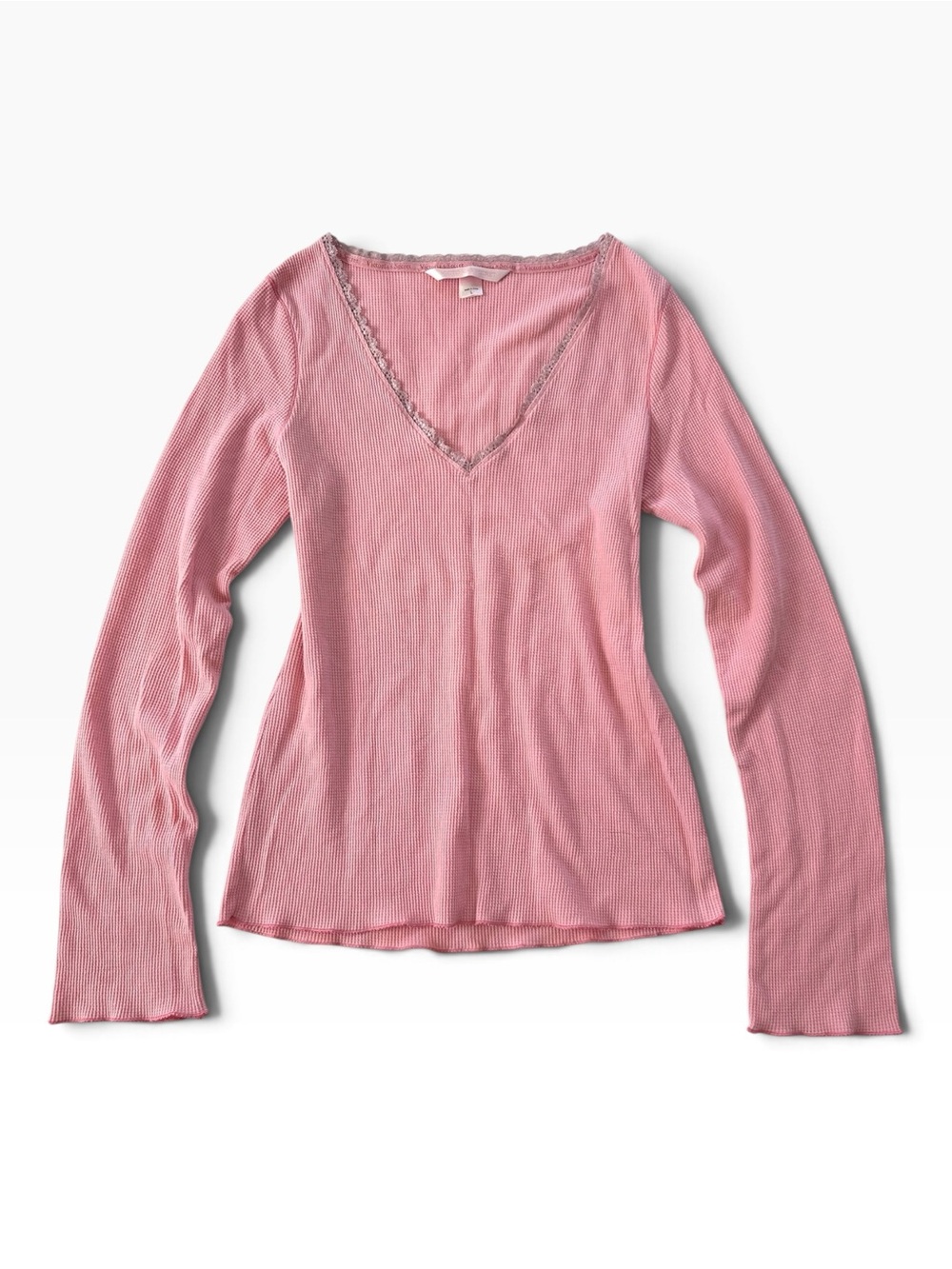 Y2K Victoria's Secret Softgirl Pink Henley Fairy Knit V-Neck with Lace Trim